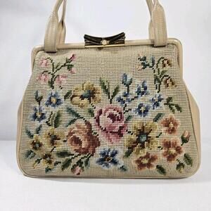 Vintage 1950's Mid Century Needlepoint Floral Purse Handbag Pocket Beige